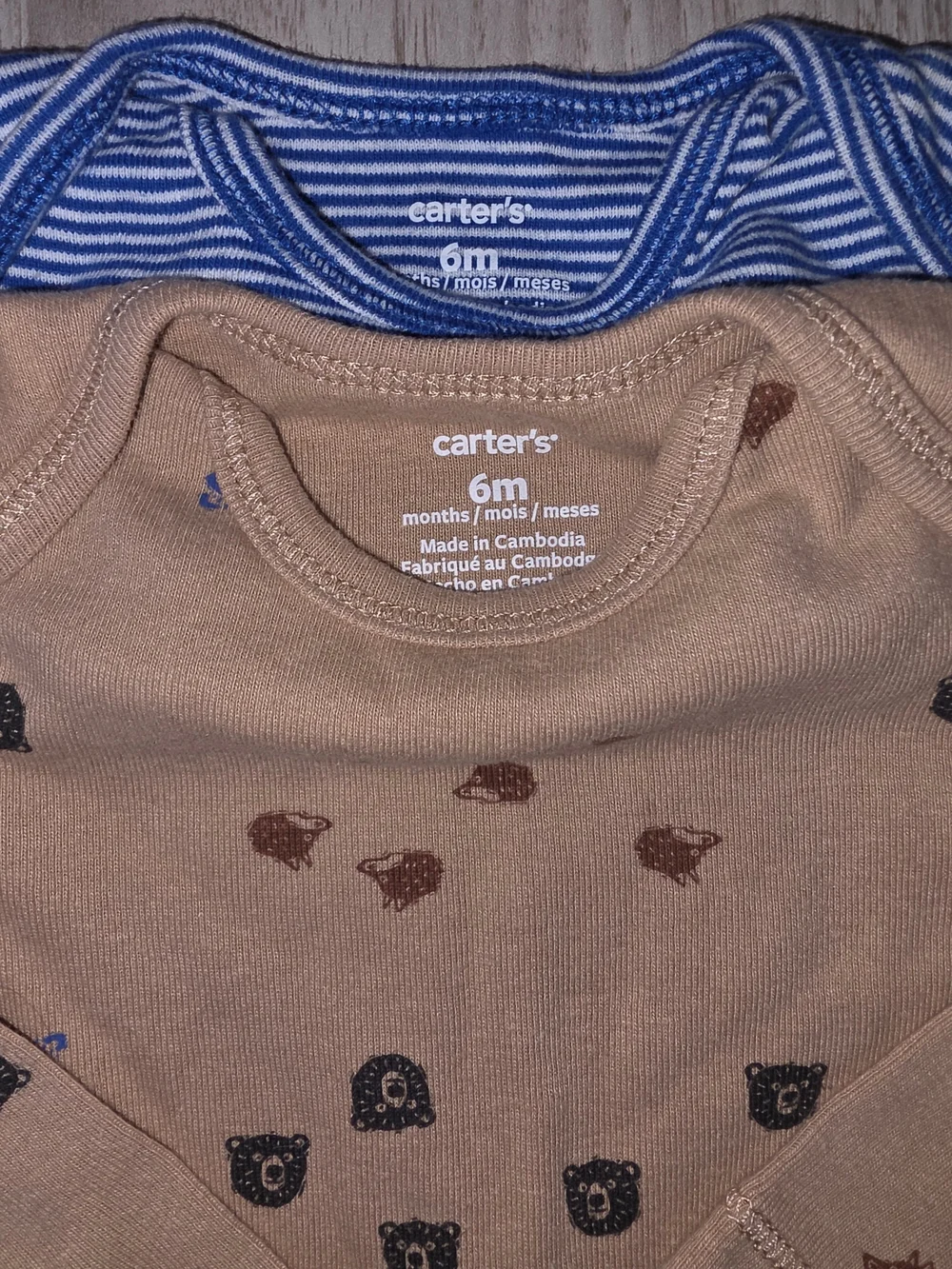 Carter's Tan Bear Print Bodysuit, Blue Striped Top & Black Pants Set